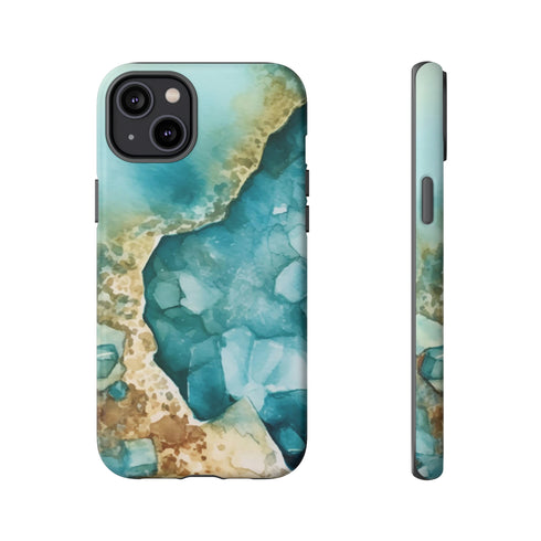 Aquamarine inspired Geode in Watercolor - Impact Resistant Phone Case iPhone 14 Plus Matte